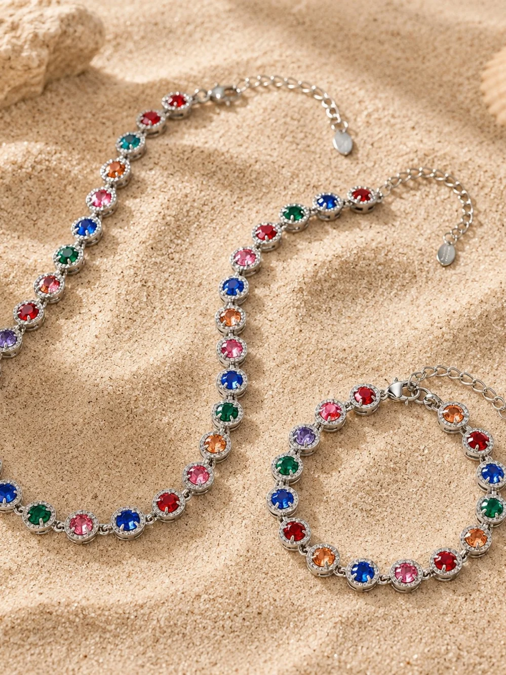 Multicolor Crystal Link Bracelet in Silver-Tone